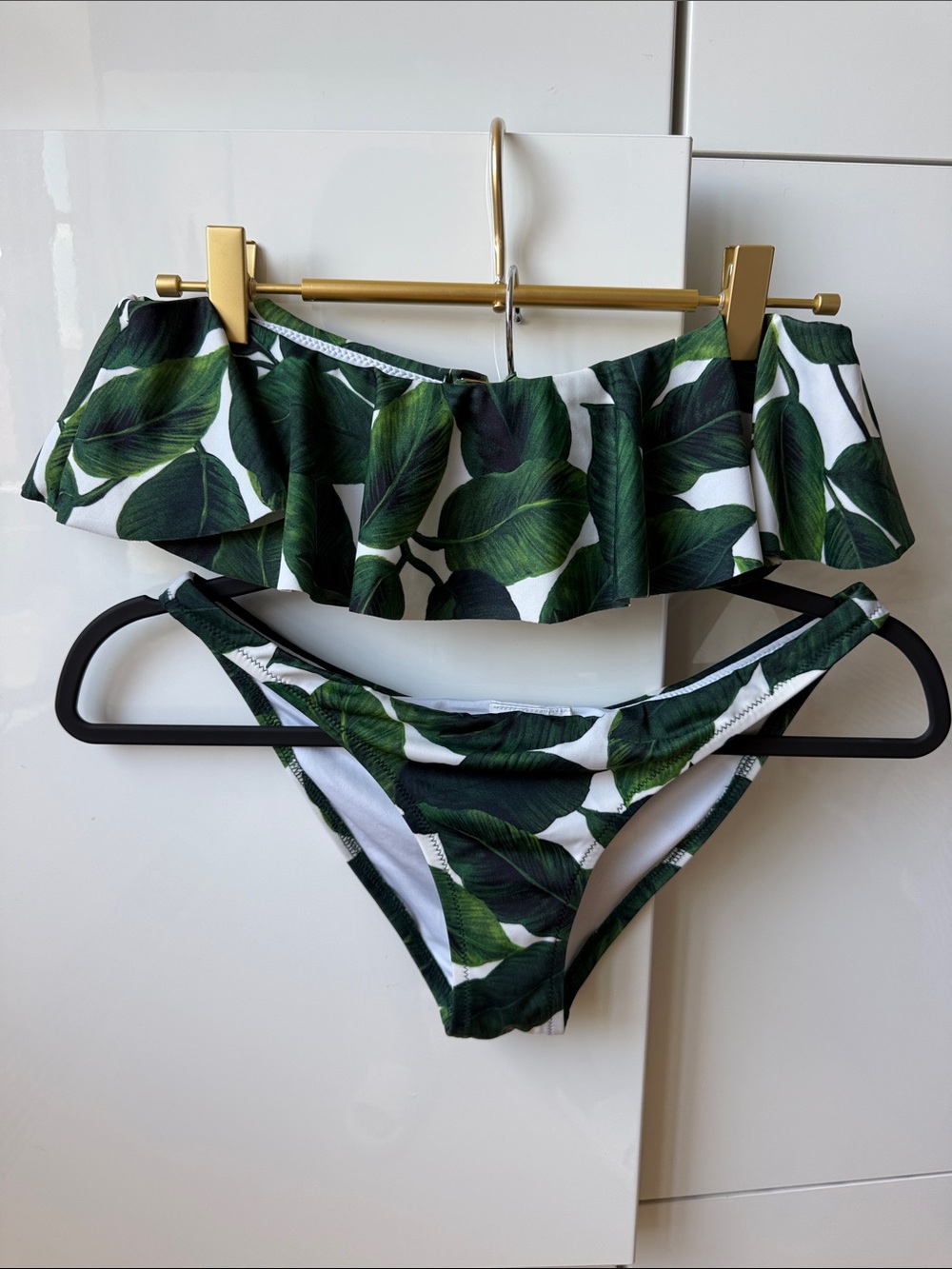 Milly White & Green Leaf Print Off-Shoulder Bikini